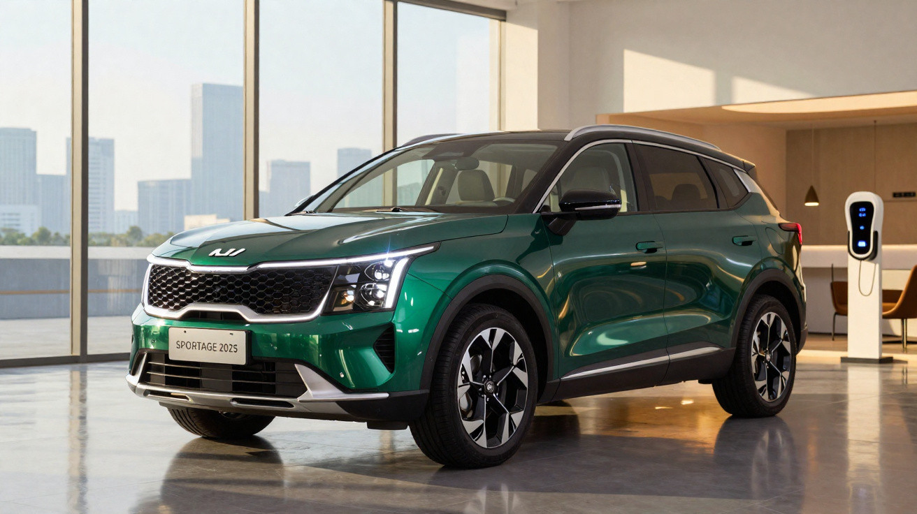 Carro SUV verde Kia Sportage 2025 estacionado em ambiente interno com parede de vidro ao fundo.