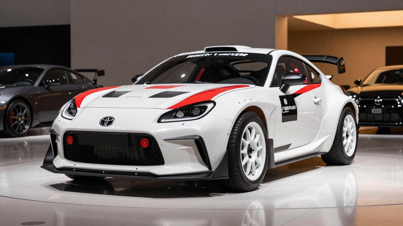 Carro esportivo Toyota GR Branco com detalhes em vermelho, rodas brancas e aerofólio traseiro preto em exposição.