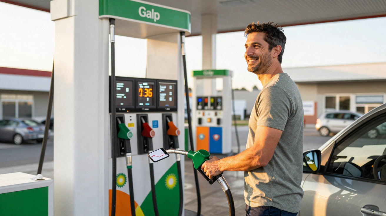 Homem sorridente abastecendo carro em posto de gasolina Galp ao entardecer.