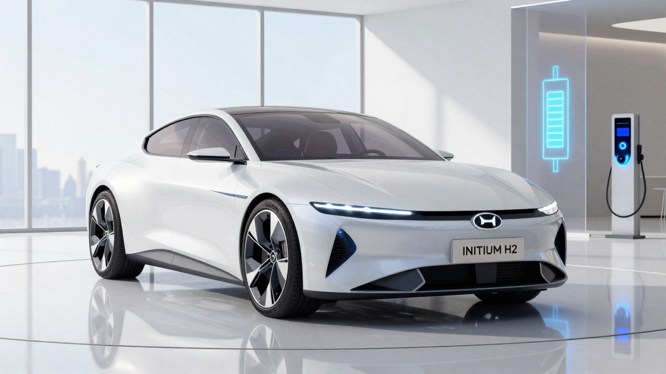 Carro elétrico branco INITIUM H2 em showroom moderno com estação de recarga ao fundo.