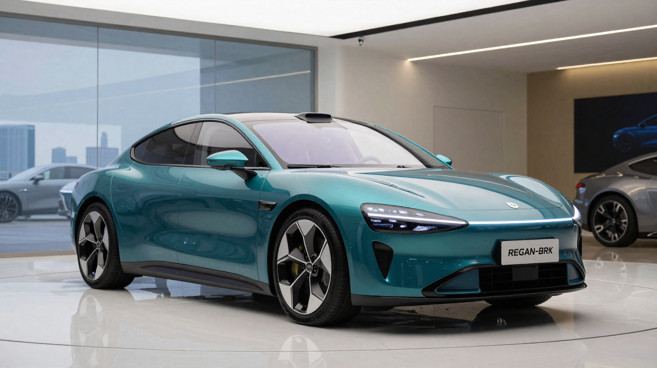 Carro esportivo elétrico azul metálico exibido em salão automotivo moderno e bem iluminado.