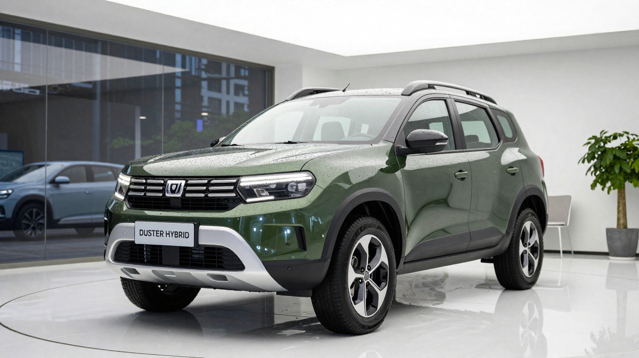 SUV verde Duster Hybrid exibido em showroom moderno e iluminado.
