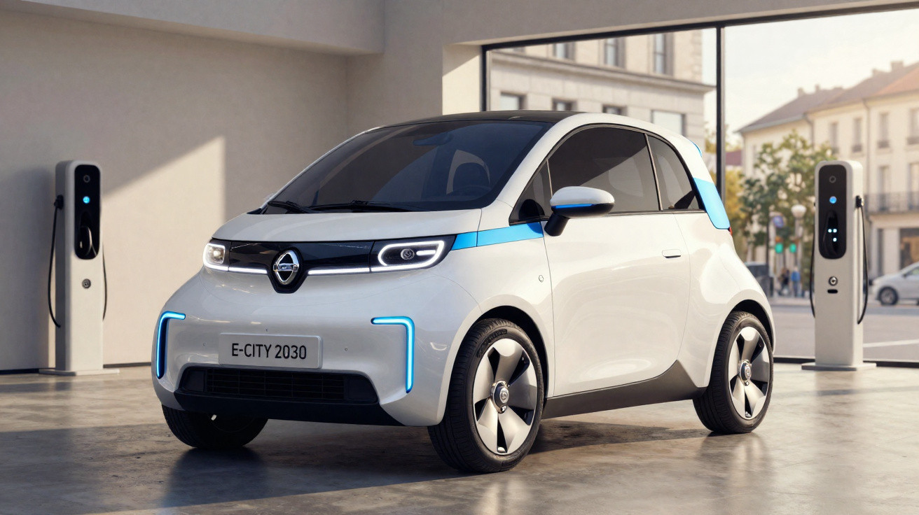 Carro elétrico branco estacionado em área fechada com estações de recarga ao redor.