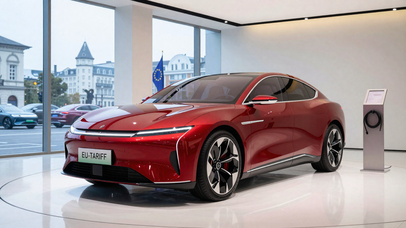Carro elétrico vermelho exposto em showroom moderno com grandes janelas e estação de recarga ao lado.