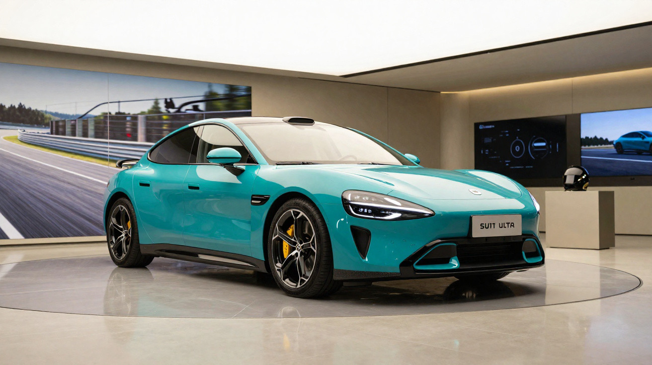 Carro esportivo elétrico azul exibido em showroom moderno com paredes brancas e tela digital ao fundo.