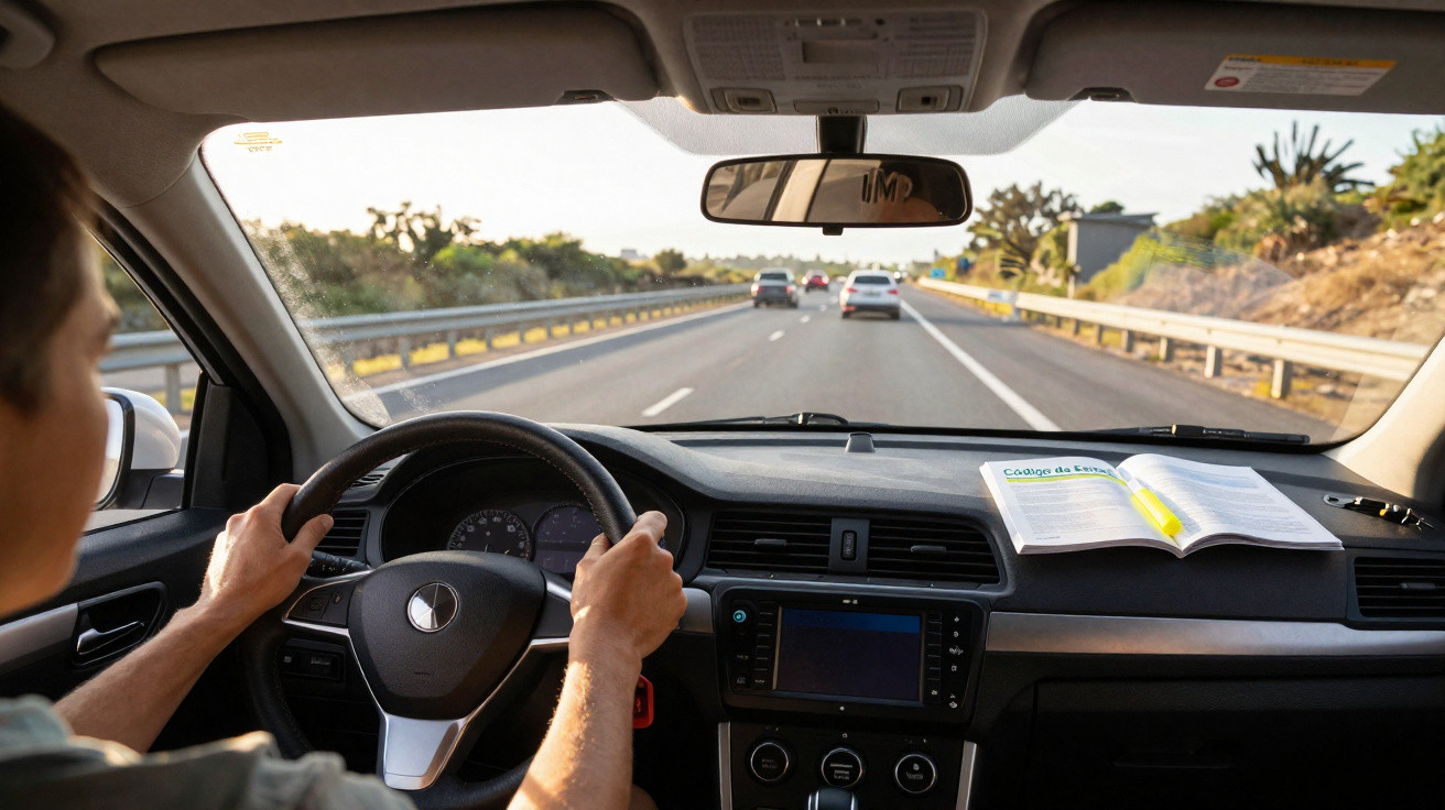 Motorista dirigindo em rodovia com livro aberto e marca-texto sobre o painel do carro.