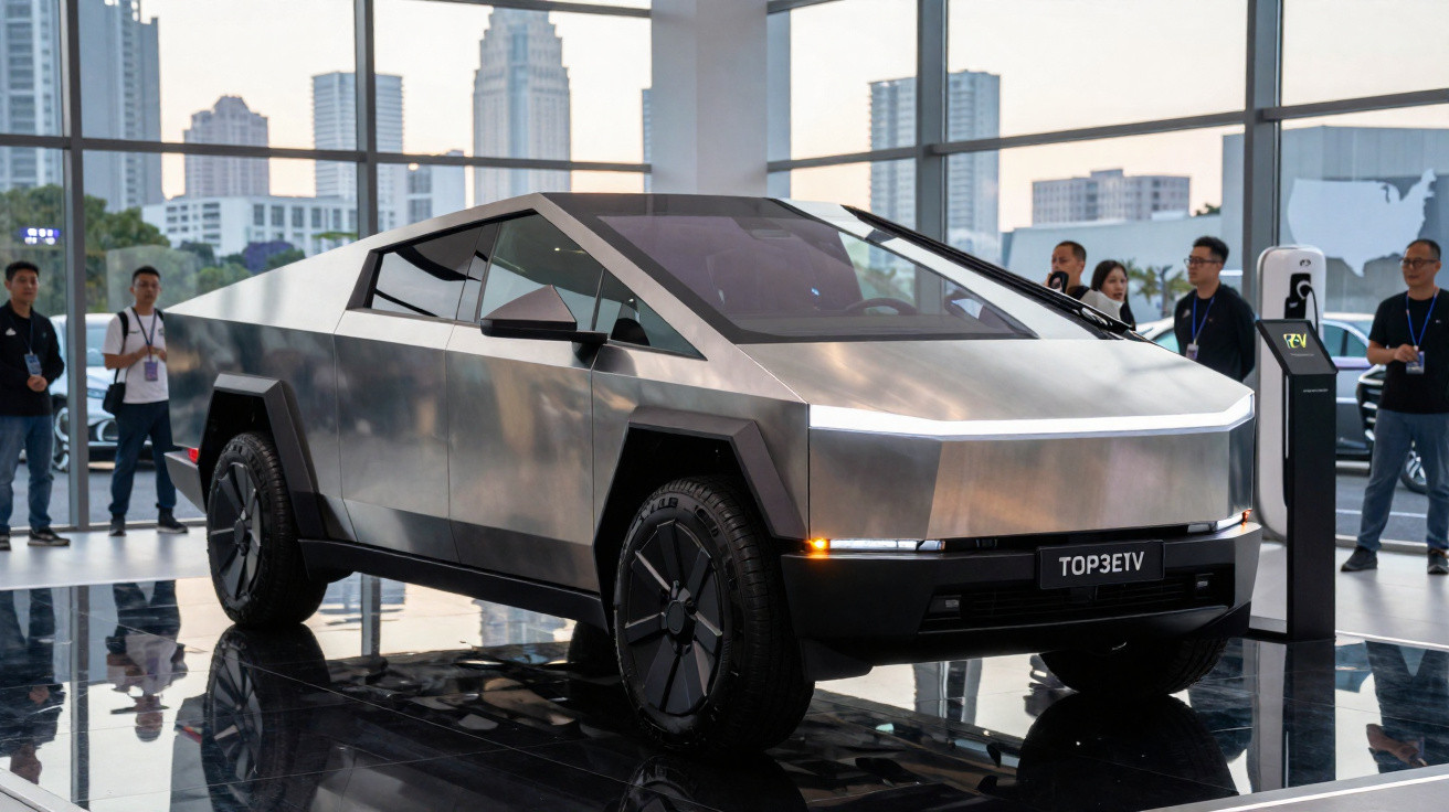 Picape elétrica Tesla Cybertruck prateada em exposição interna com pessoas ao fundo.