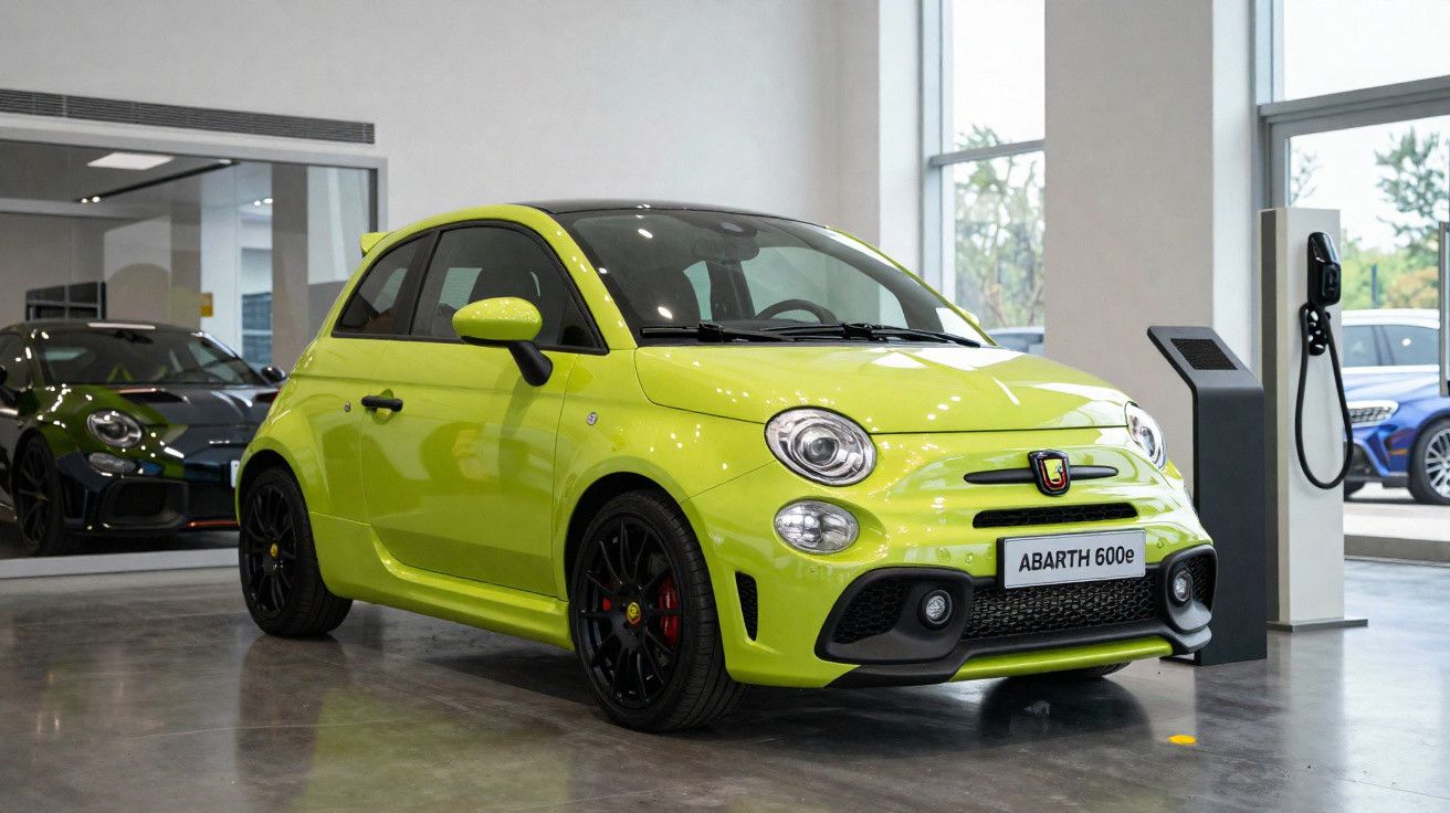 Carro compacto amarelo modelo Abarth 600e em showroom com parede de vidro e estação de recarga elétrica.