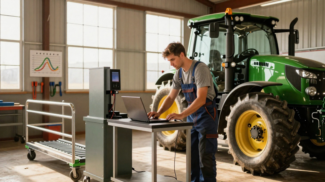 Homem em macacão azul usa laptop para monitorar trator verde em oficina agrícola espaçosa e iluminada.