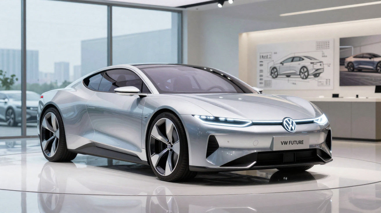 Carro esportivo elétrico prata da Volkswagen em exposição em showroom moderno e iluminado.