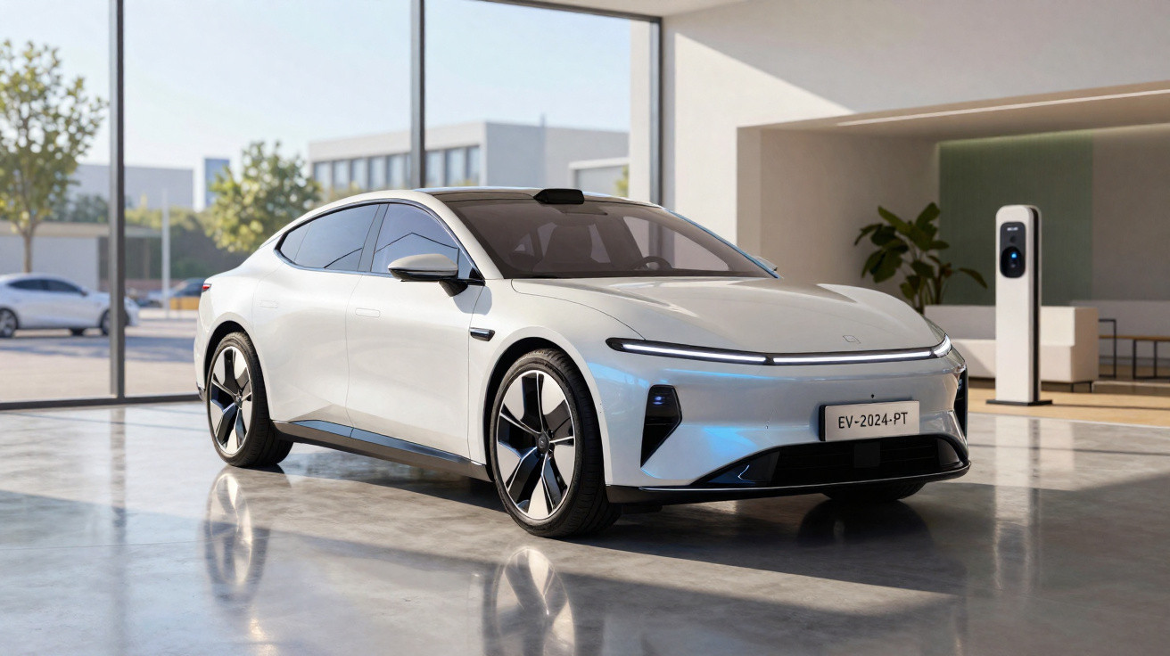 Carro elétrico branco estacionado em ambiente interno moderno com grande janela e estação de recarga.