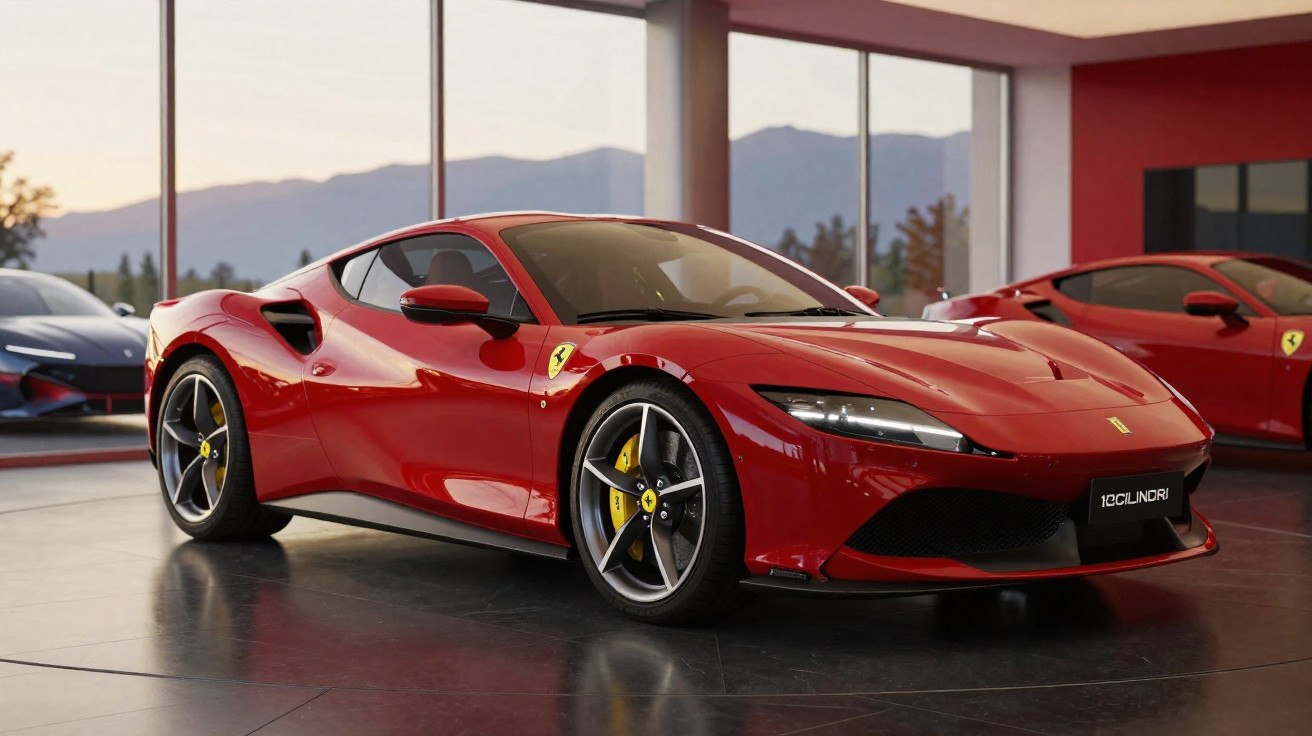 Carro esportivo Ferrari vermelho estacionado em showroom moderno com montanhas ao fundo.