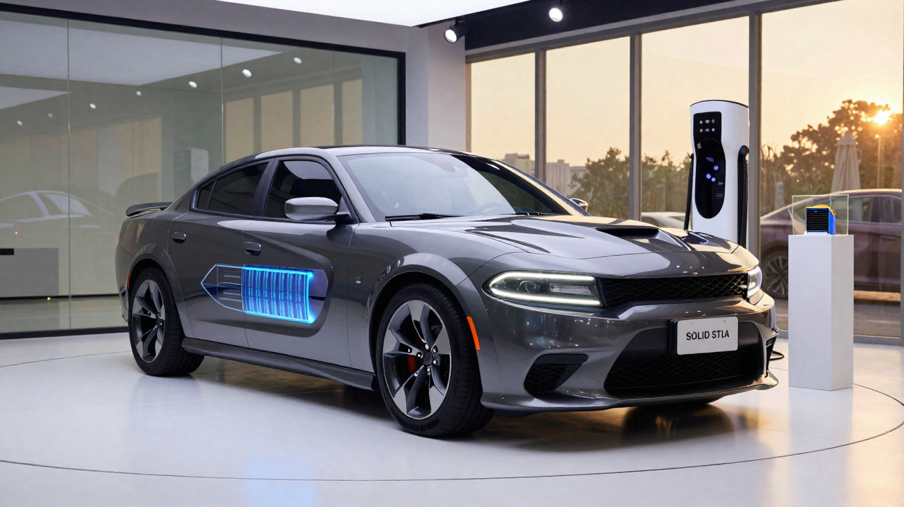 Carro elétrico cinza estacionado em showroom, com destaque para bateria e carregador ao lado.