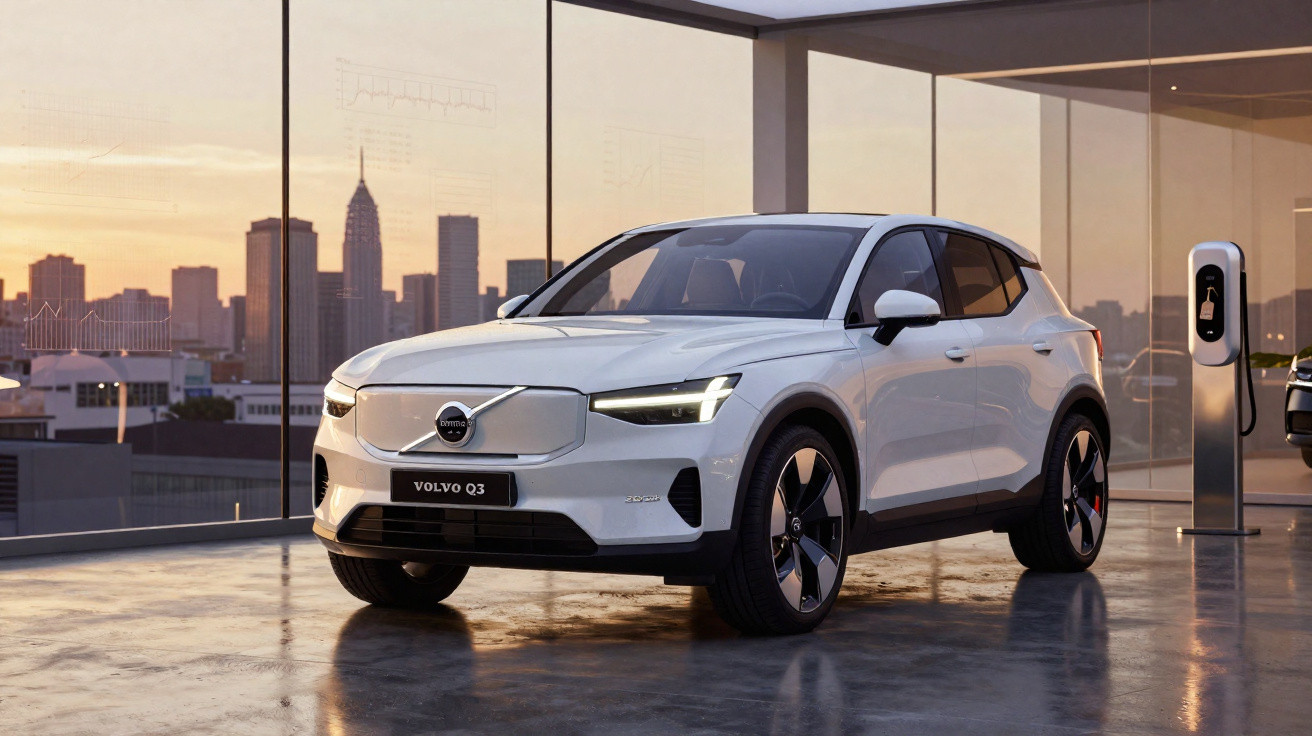 Carro elétrico branco Volvo Q3 estacionado em garagem moderna com janela grande ao pôr do sol.