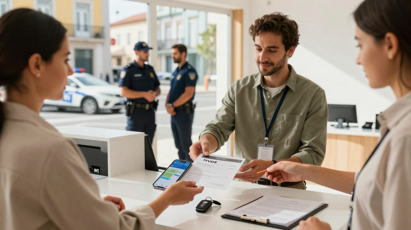 Homem entrega documento para duas atendentes em recepção com duas policiais e viatura ao fundo.