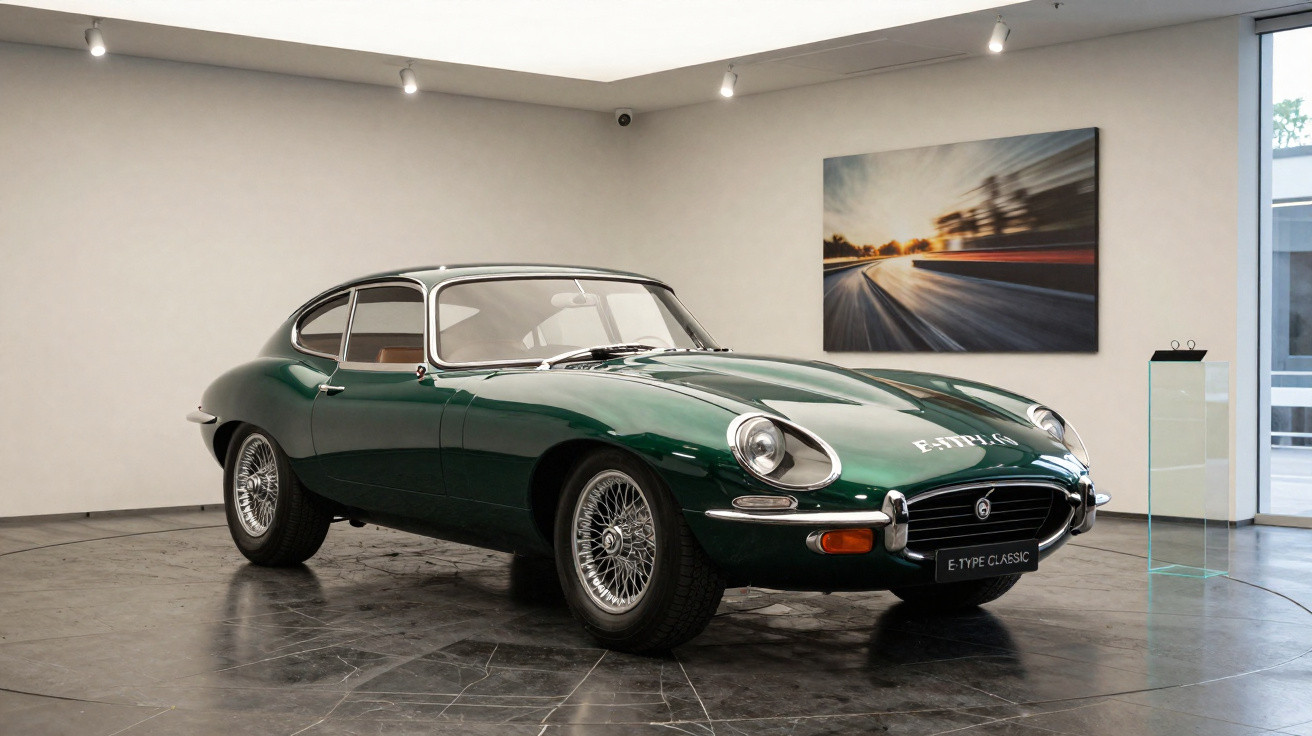 Carro clássico Jaguar E-Type verde exposto em sala com piso preto e quadro na parede.