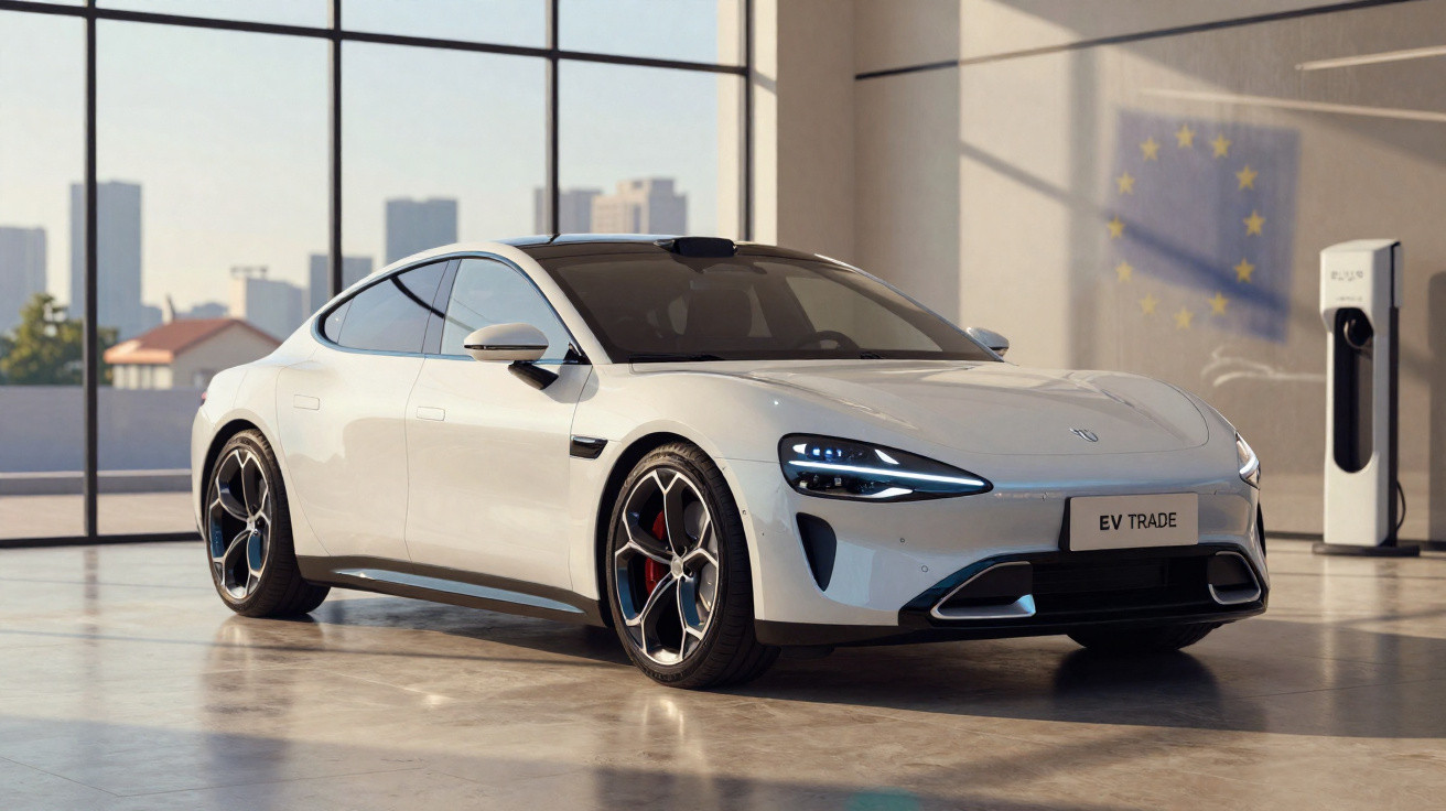 Carro elétrico branco estacionado em showroom com janela grande e estação de recarga ao fundo.
