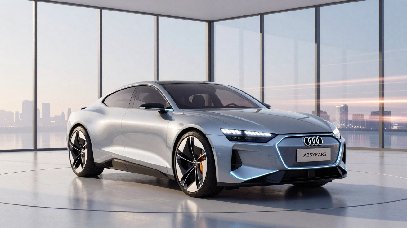Carro esportivo Audi prata estacionado em ambiente moderno com grandes janelas e vista urbana ao fundo.