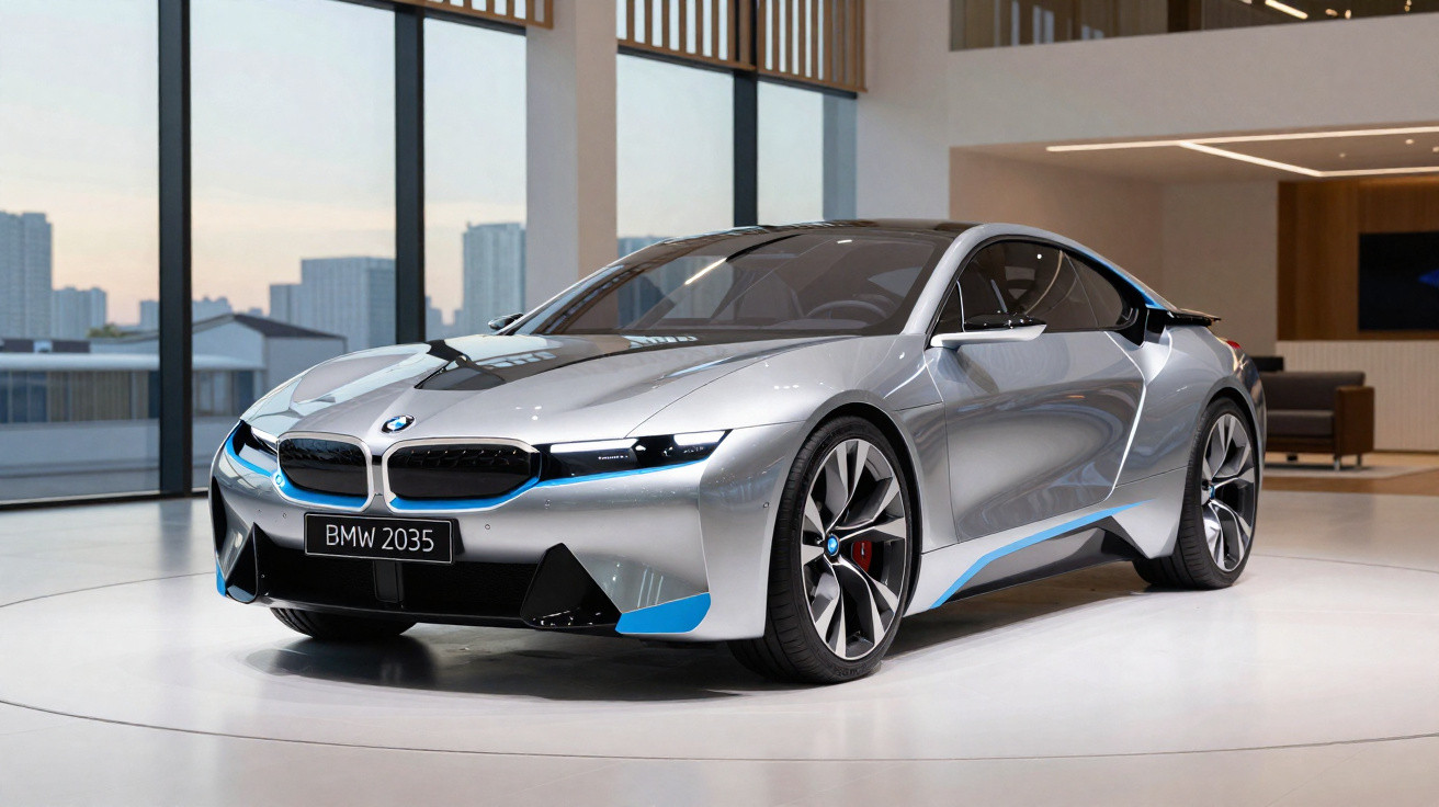 Carro esportivo prateado BMW 2035 exibido em ambiente moderno com janelas amplas e iluminação branca.