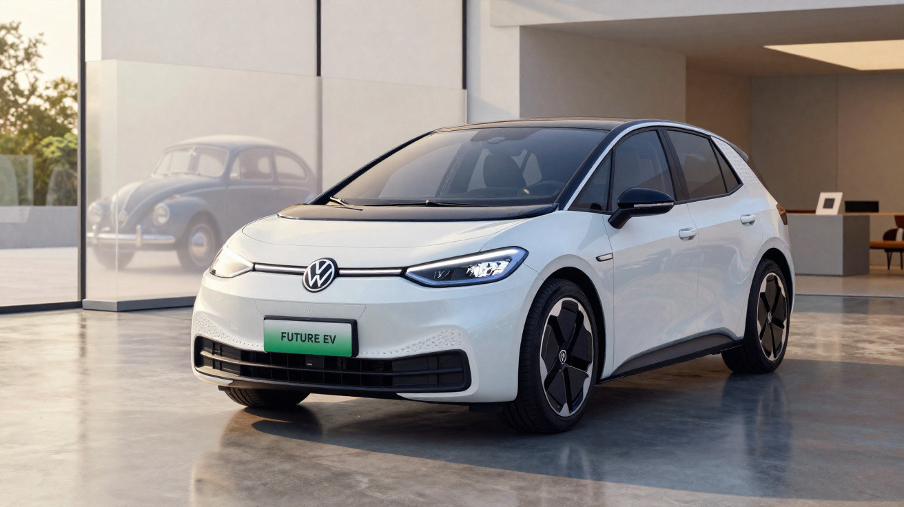 Carro elétrico branco Volkswagen ID.3 estacionado em garagem moderna com reflexo de Fusca antigo na parede de vidro.