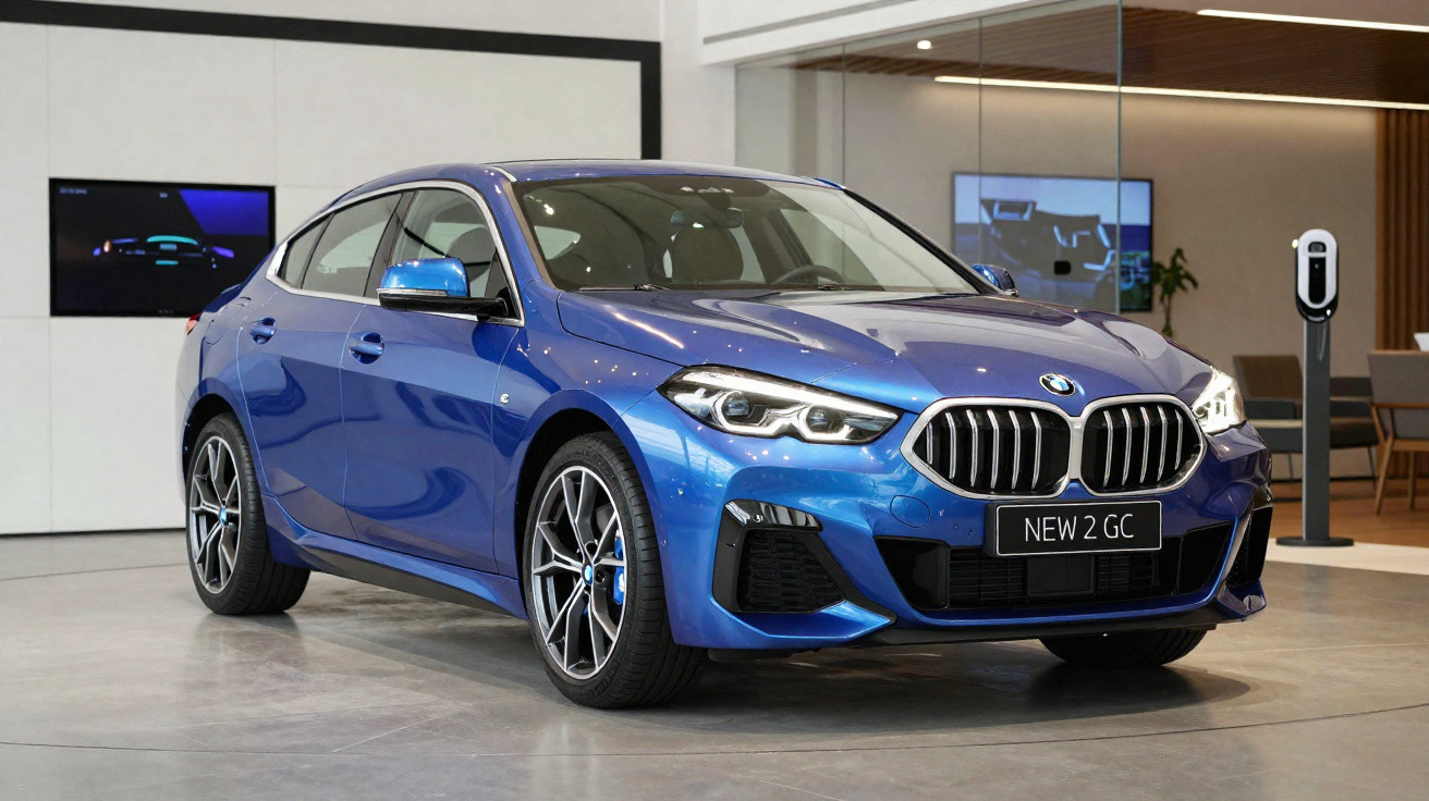 Carro BMW azul modelo NEW 2 GC estacionado em ambiente interno moderno.