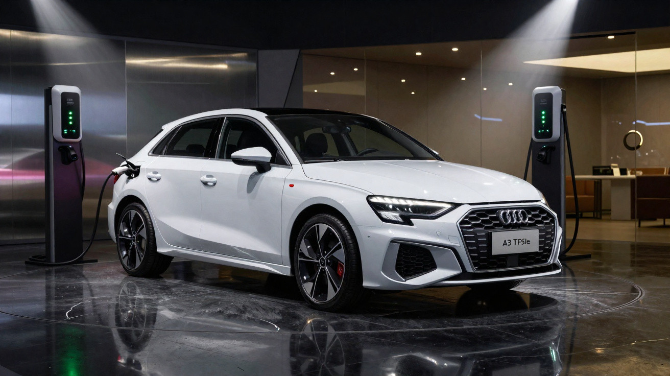 Carro elétrico branco Audi A3 TFSI carregando em estação dupla em ambiente interno moderno.