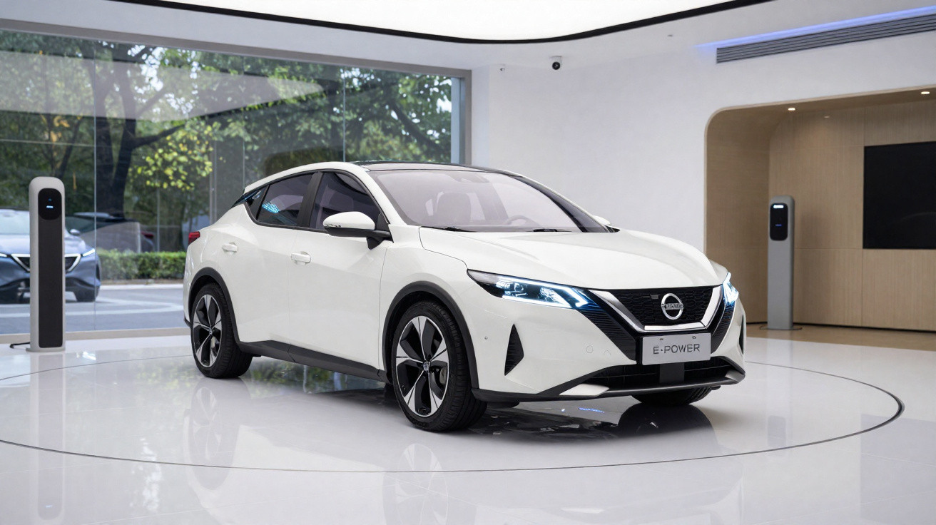 Carro elétrico branco Nissan E-Power em ambiente interno moderno com carregadores ao fundo.