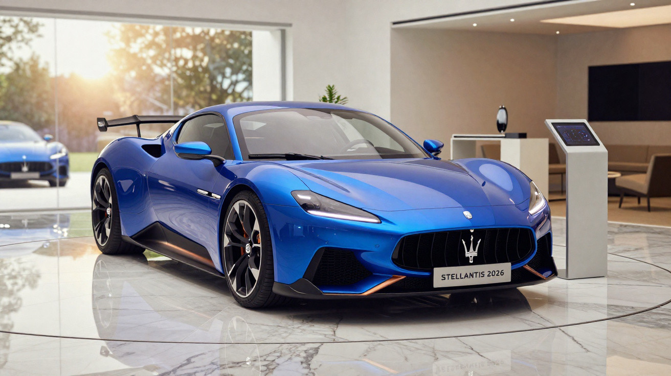 Carro esportivo azul da Maserati modelo Stellantis 2026 exibido em showroom moderno.