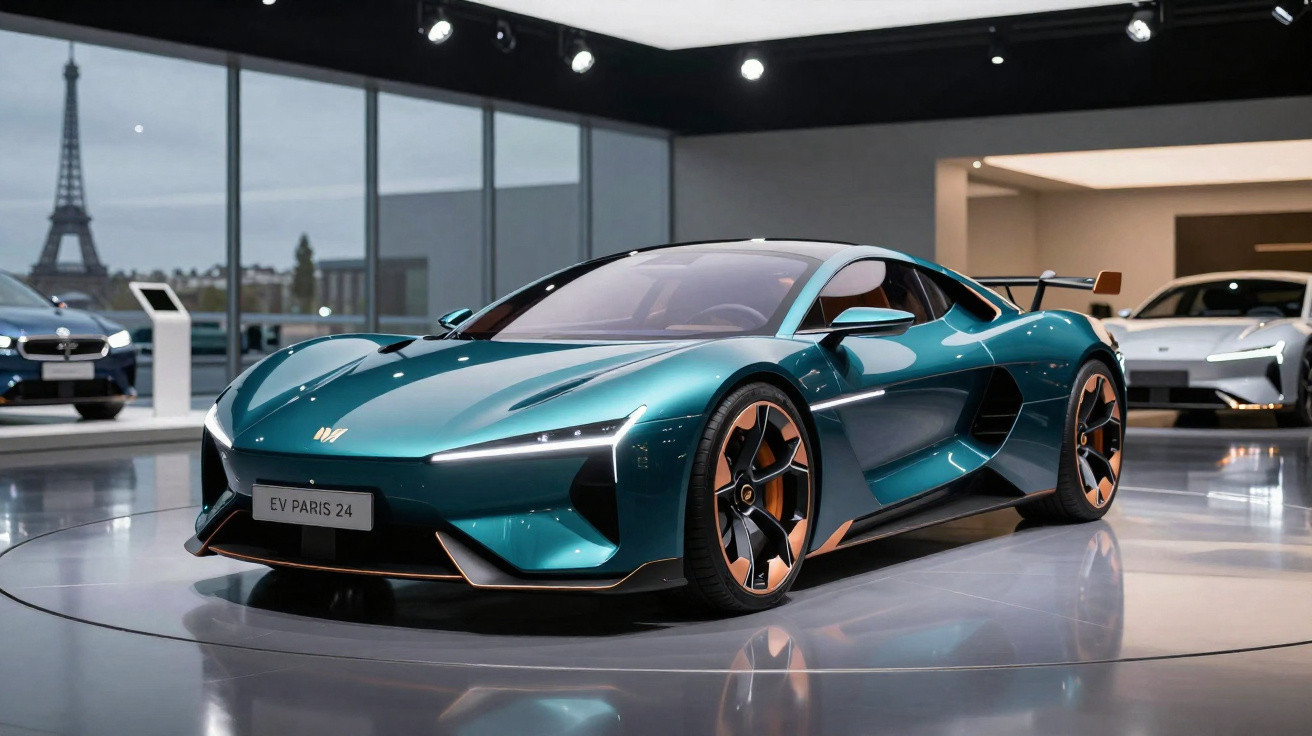 Carro esportivo azul metálico exposto em showroom com a Torre Eiffel visível ao fundo pela janela.
