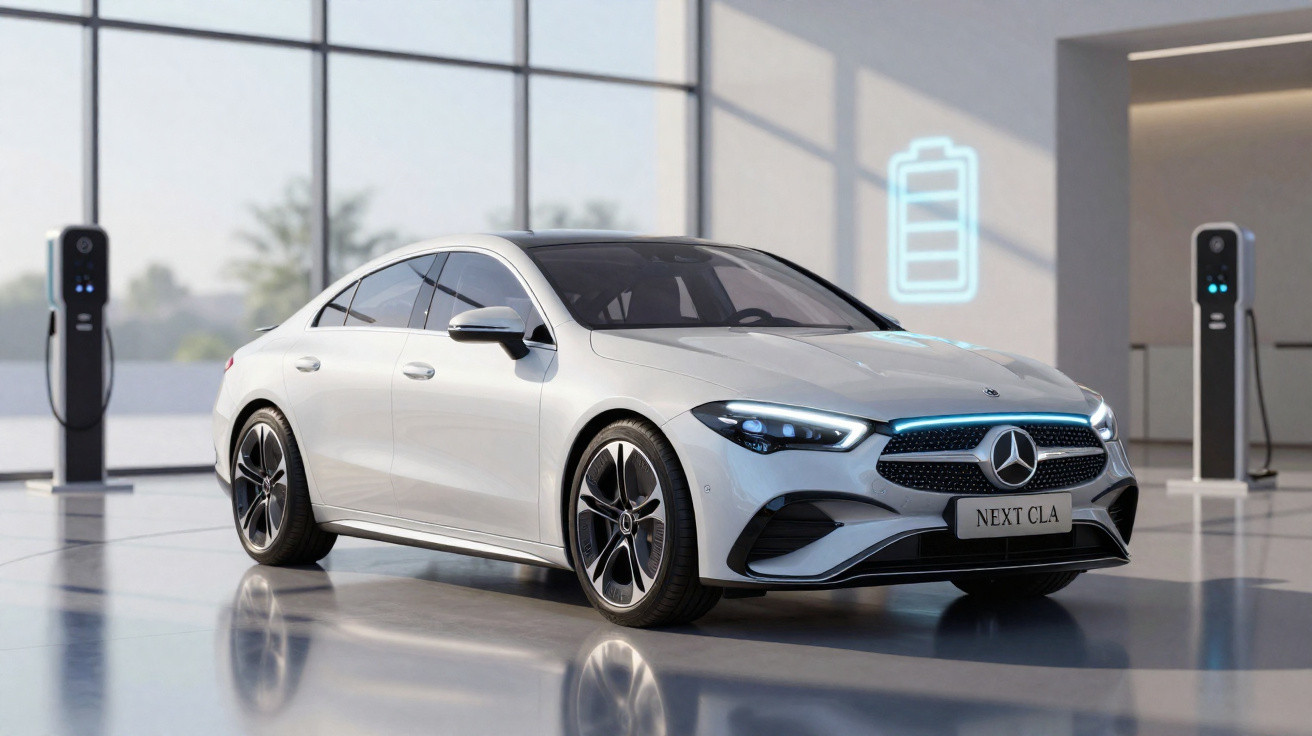 Carro elétrico Mercedes-Benz branco em showroom moderno com estações de recarga ao fundo.