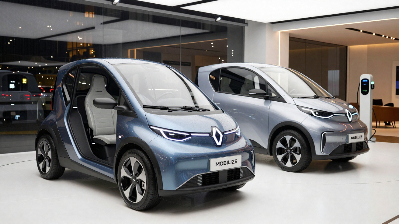 Dois carros elétricos Renault Mobilize estacionados em showroom moderno, um com portas abertas.