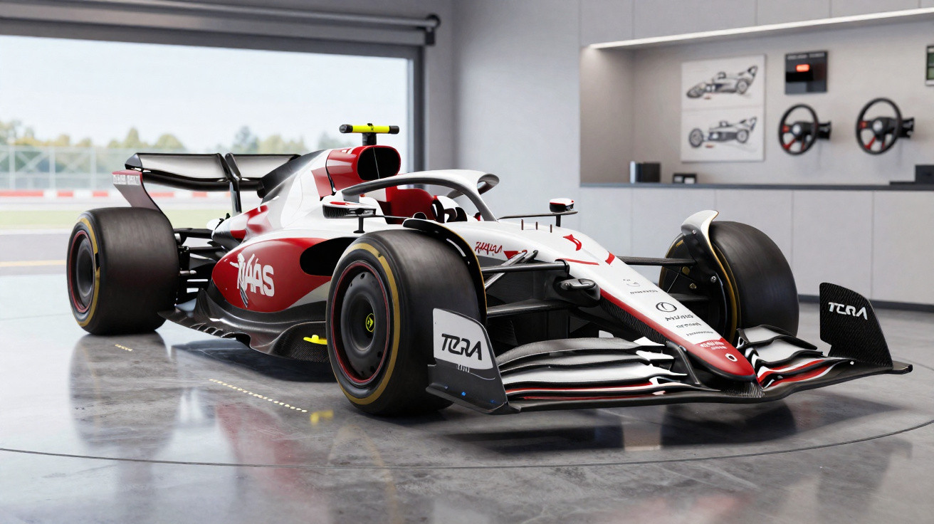 Carro de Fórmula 1 Haas vermelho, branco e preto em garagem moderna com peças na parede ao fundo.
