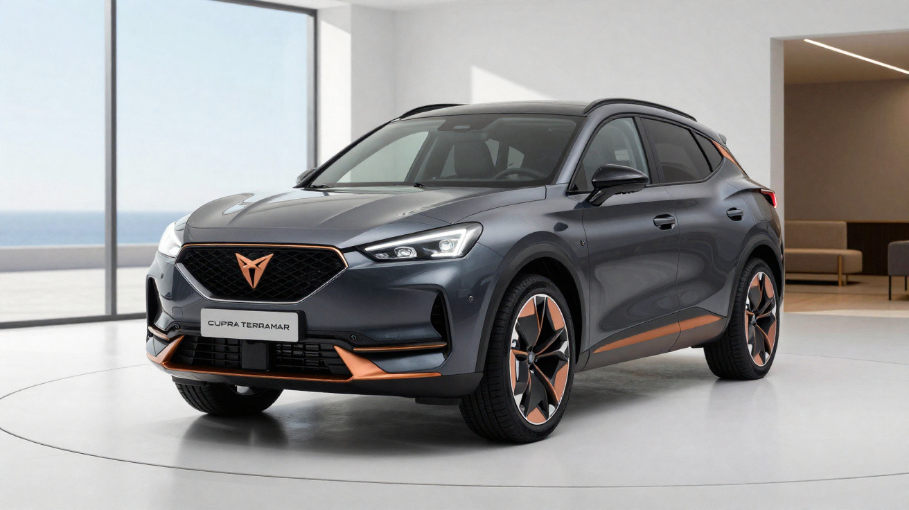 Carro SUV cinza escuro Cupra Terramar estacionado em ambiente interno moderno e iluminado.