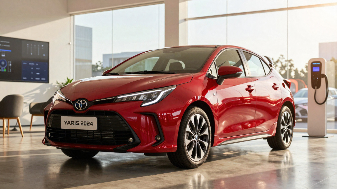 Carro vermelho Toyota Yaris 2024 exposto em showroom com carregador elétrico ao fundo.