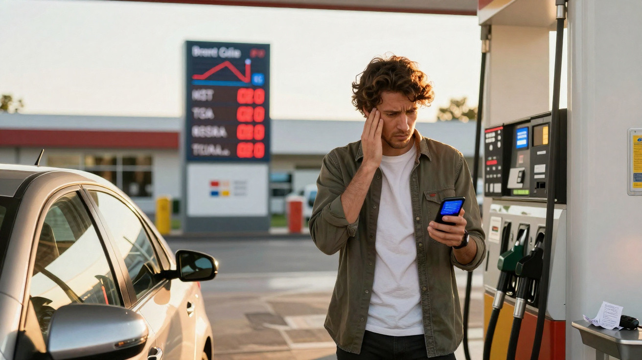 Homem preocupado olhando para celular ao lado de carro em posto de gasolina ao entardecer.
