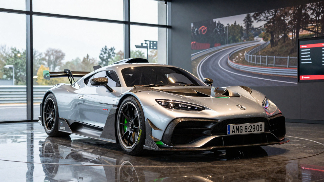 Carro esportivo Mercedes-Benz AMG prateado em exposição com fundo de grandes janelas e parede com imagem de pista de corrida.