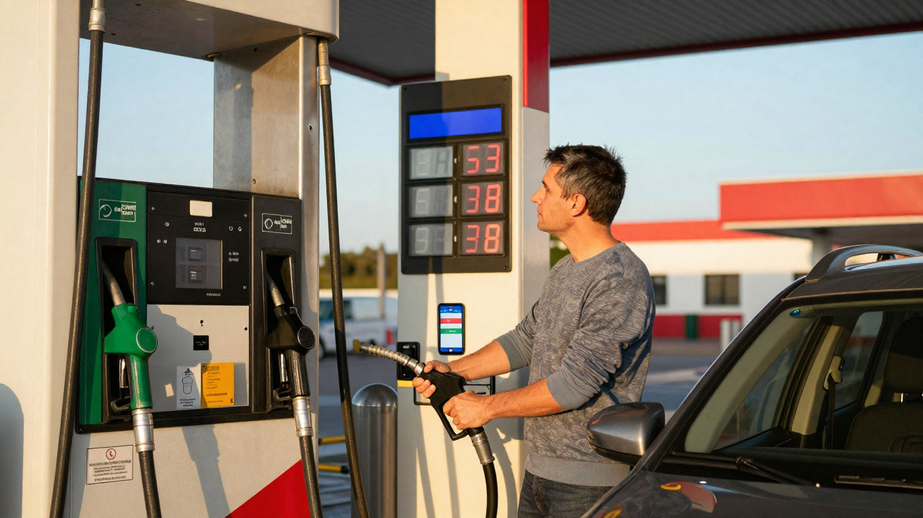 Homem abastecendo carro com gasolina em posto de combustível ao entardecer.