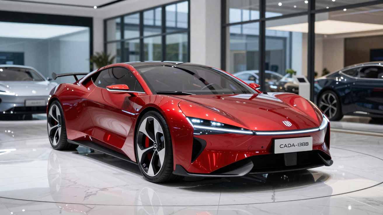 Carro esportivo vermelho elétrico CADA-138B em exposição em showroom moderno com piso branco brilhante.