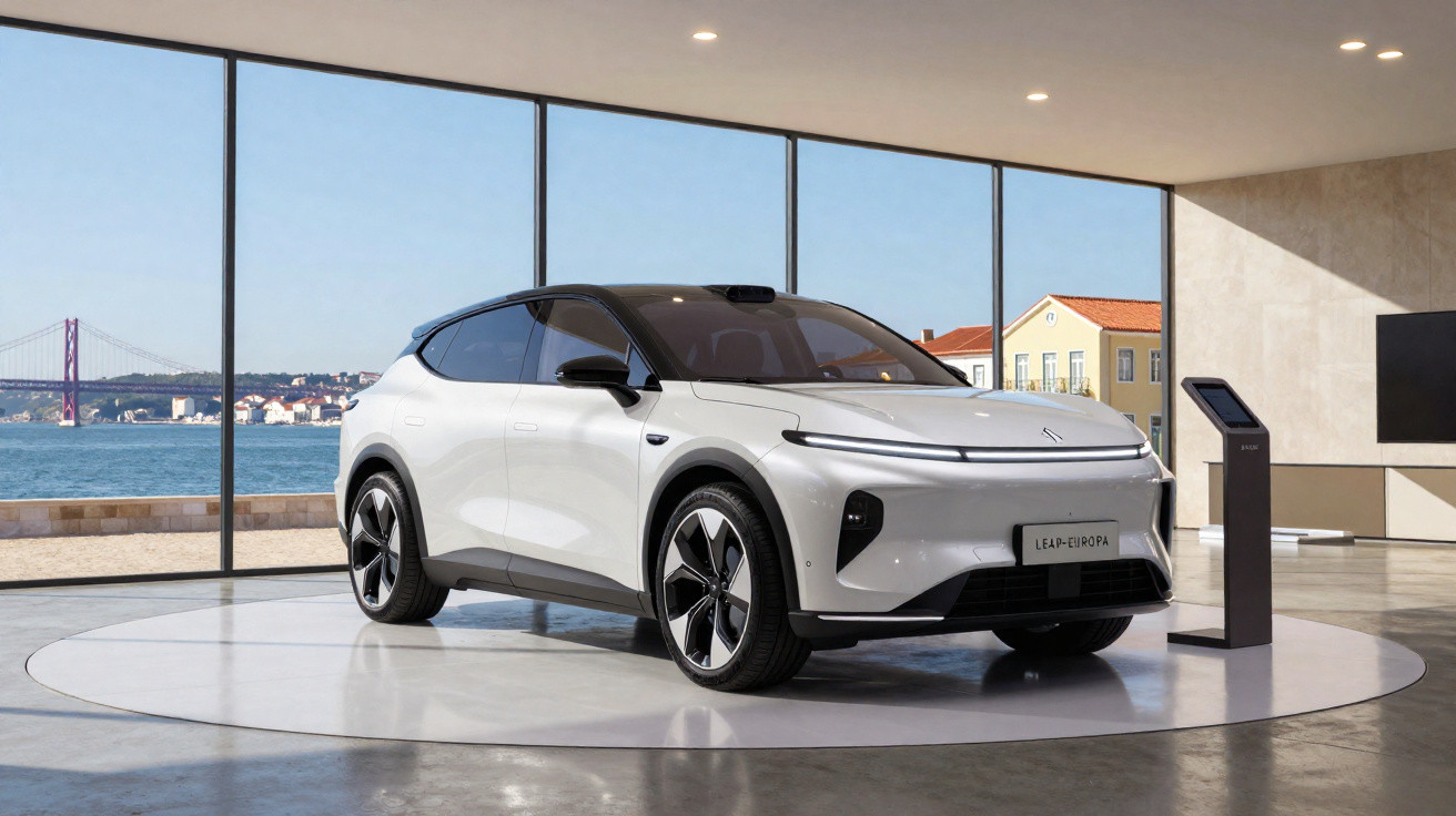 Carro elétrico branco em exposição moderna com grandes janelas e vista para ponte e rio ao fundo.