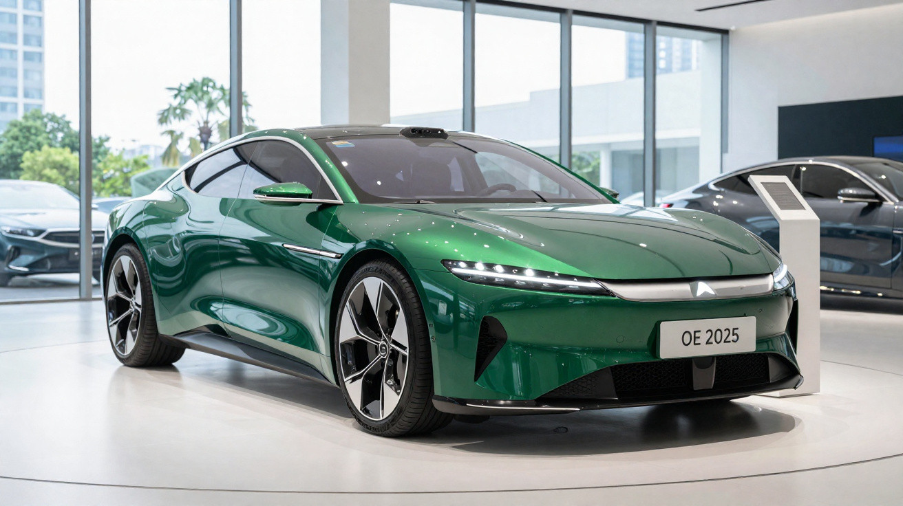 Carro elétrico esportivo verde exibido em showroom moderno com grandes janelas de vidro ao fundo.