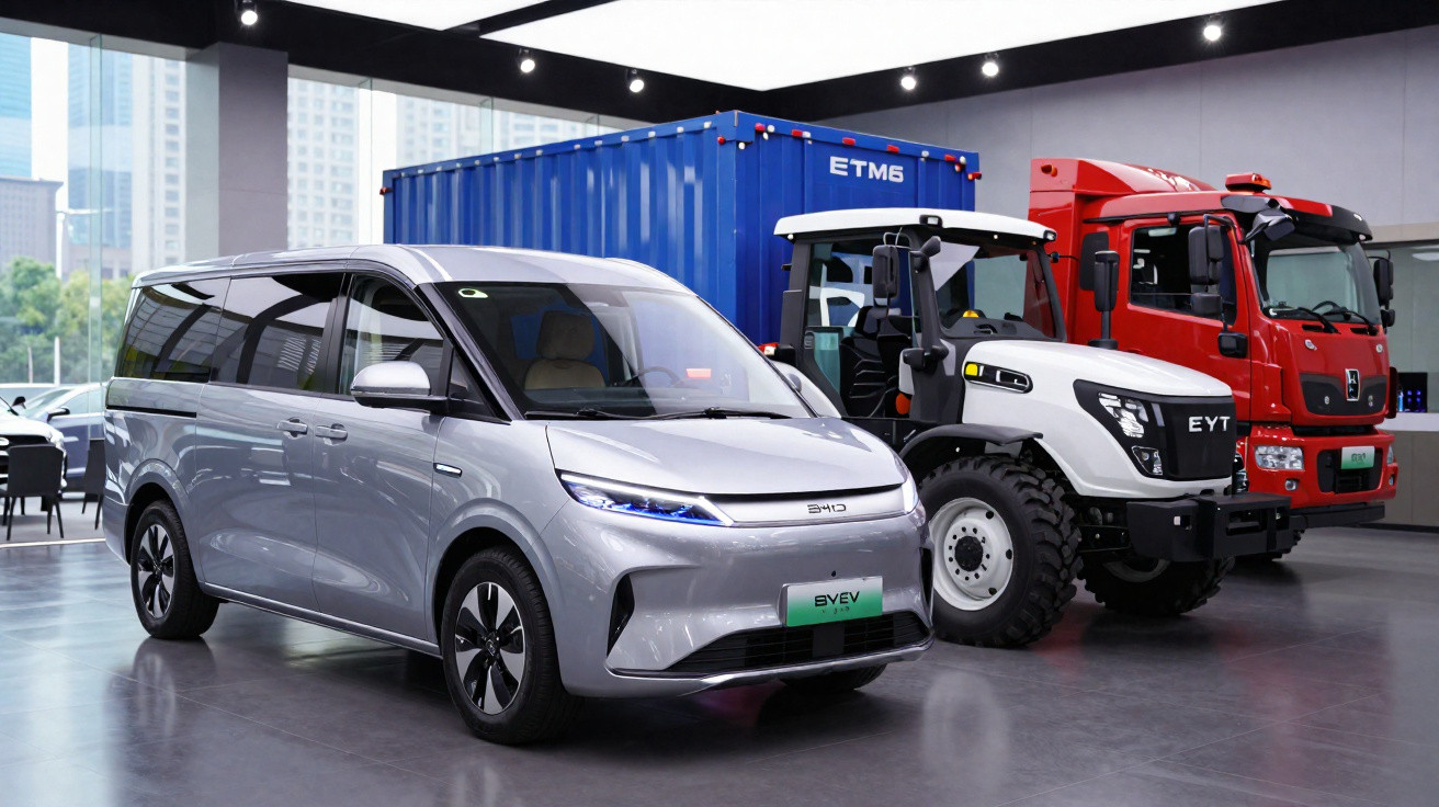 Veículo elétrico prata, trator branco e caminhão vermelho expostos em showroom moderno.