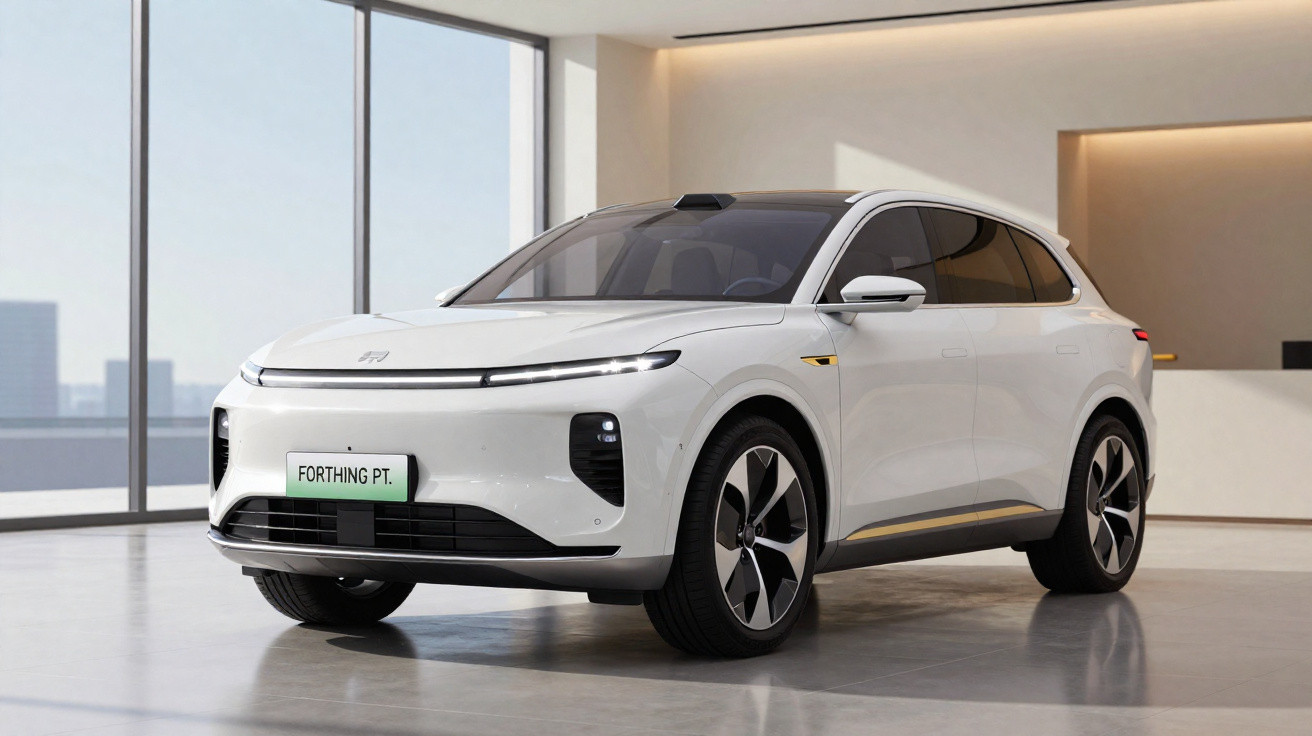 Carro elétrico branco estacionado em ambiente interno moderno, com design aerodinâmico e janelas grandes.