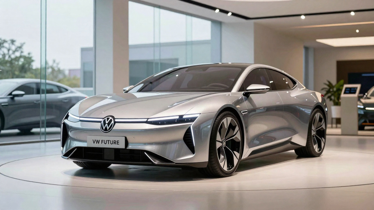Carro elétrico cinza prata VW Future exposto em showroom moderno com teto branco e paredes de vidro.