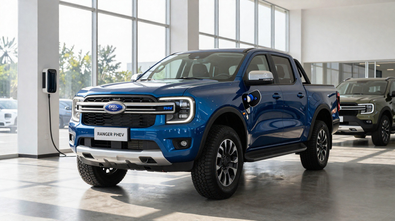 Picape Ford Ranger PHEV azul carregando em estação de recarga em showroom moderno.