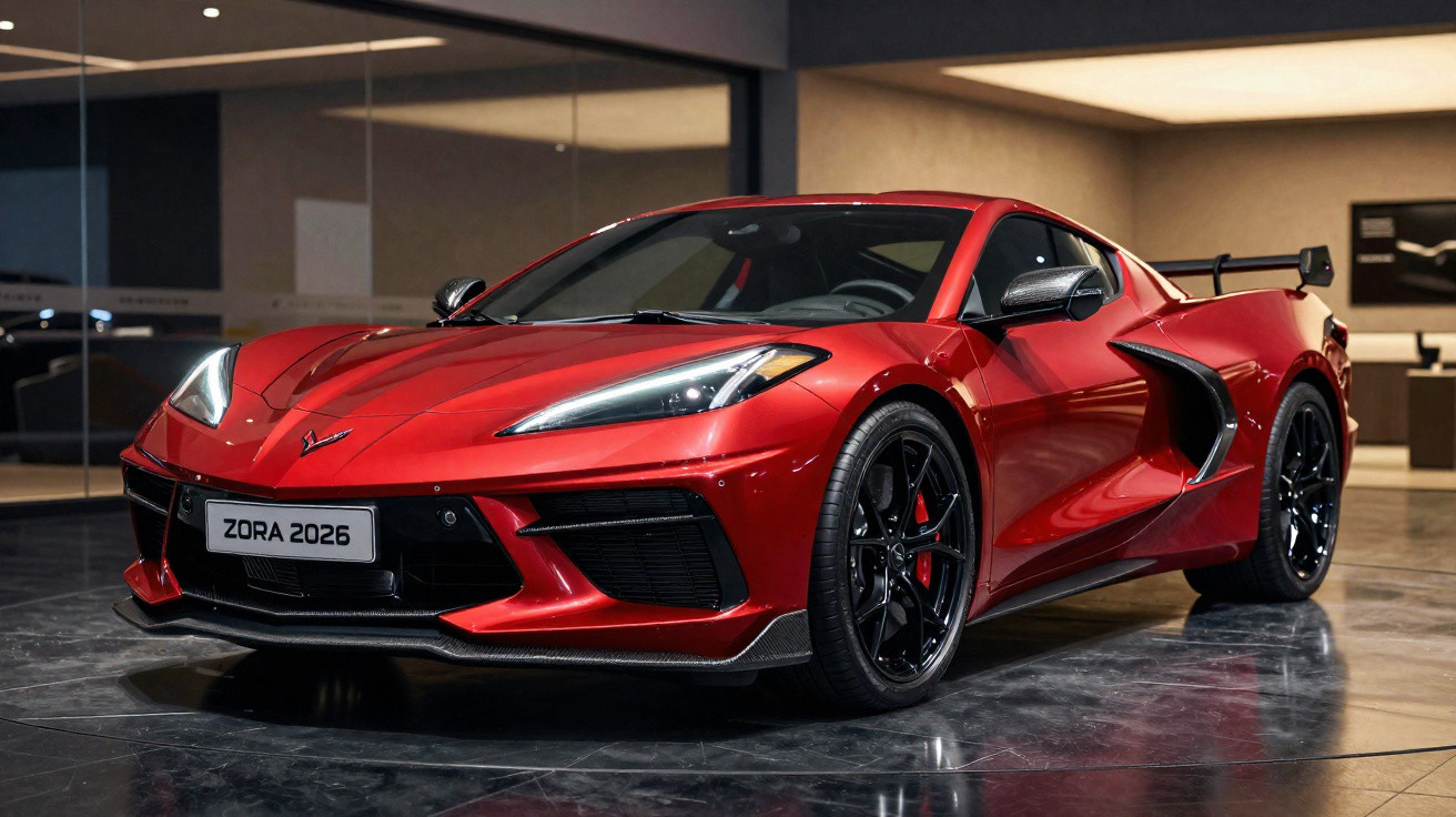 Carro esportivo vermelho modelo Zora 2026 exposto em ambiente interno com piso refletivo preto.
