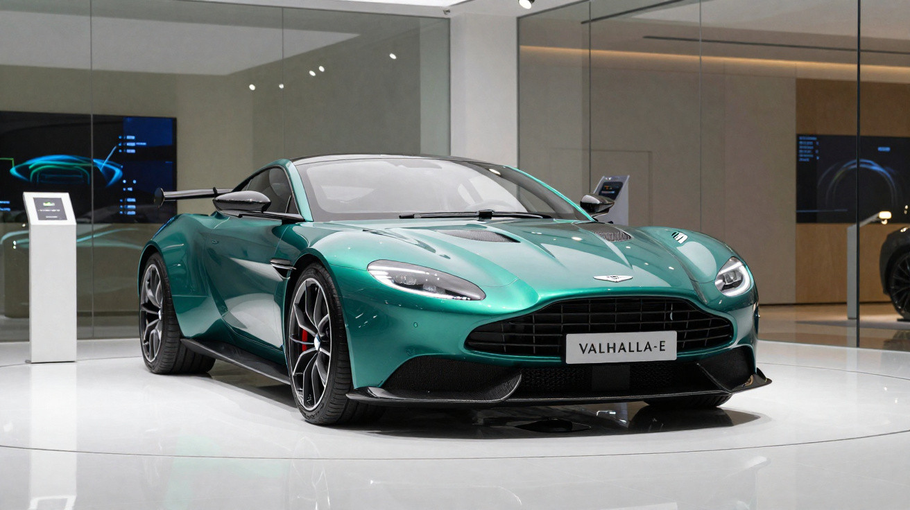 Carro esportivo verde Aston Martin Valhalla-E exibido em ambiente moderno e iluminado.