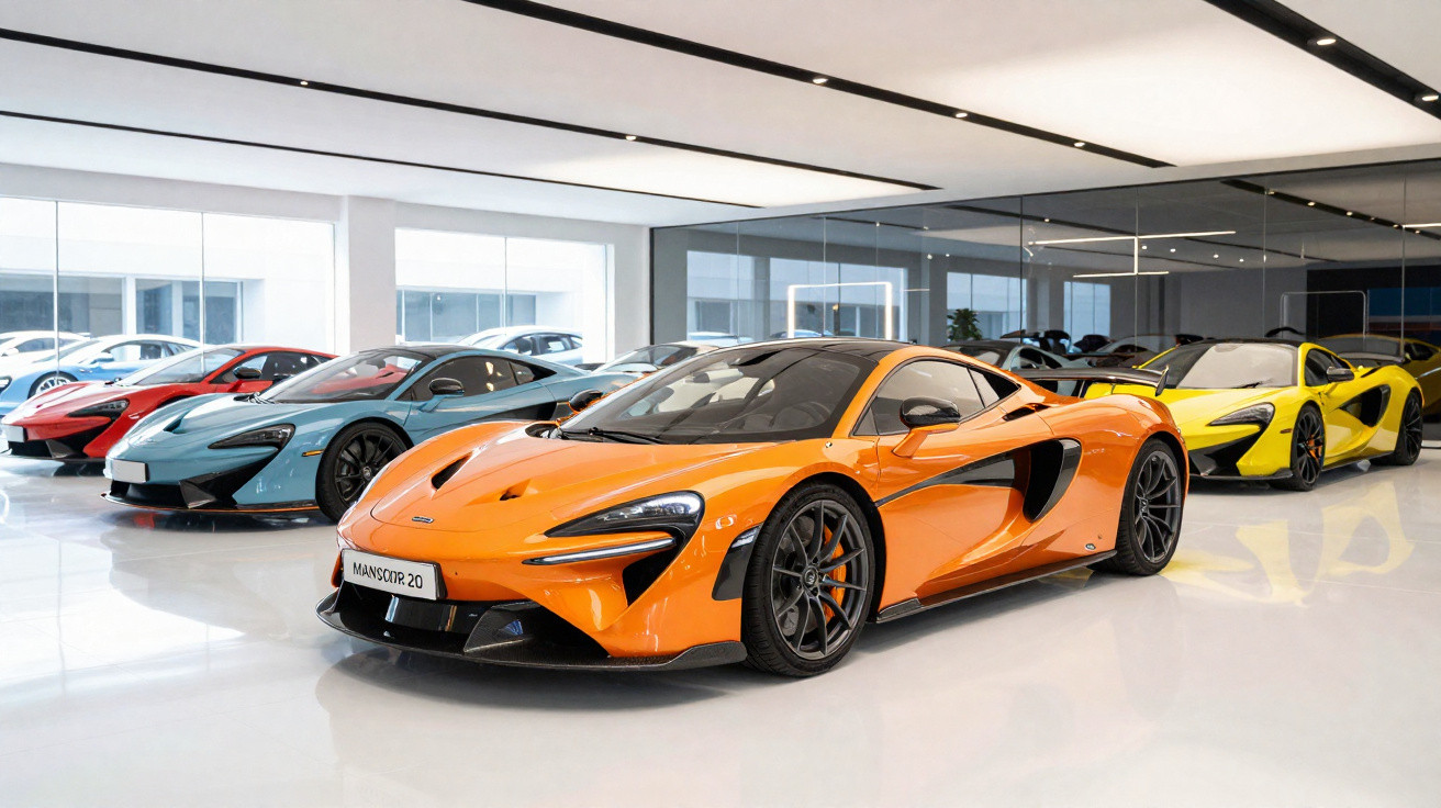 Carros esportivos McLaren em cores vibrantes exibidos em showroom moderno e bem iluminado.