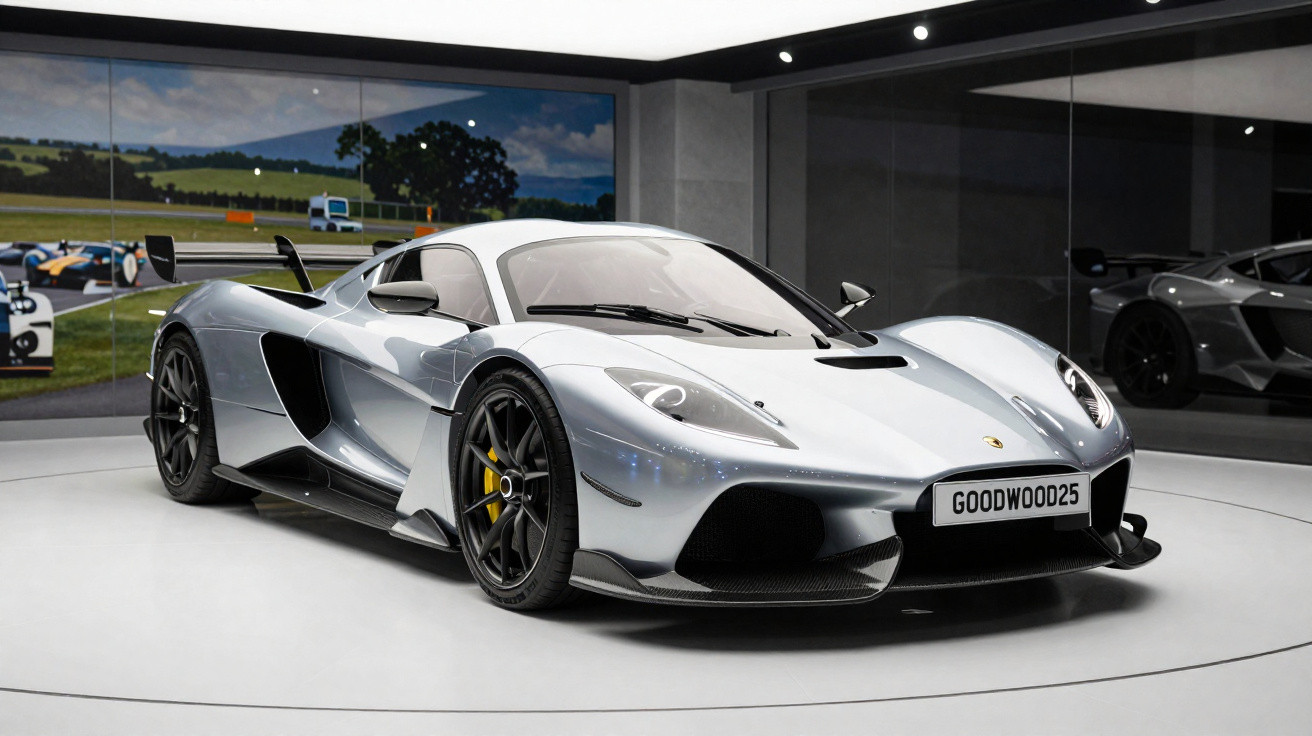 Carro esportivo prata com design aerodinâmico em exposição em ambiente interno moderno.