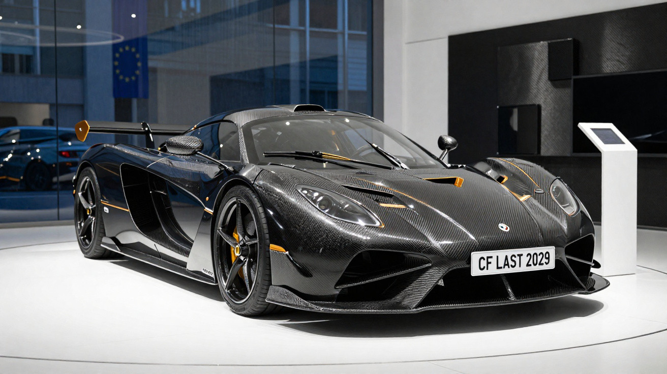 Carro esportivo preto com design aerodinâmico exposto em sala moderna iluminada.