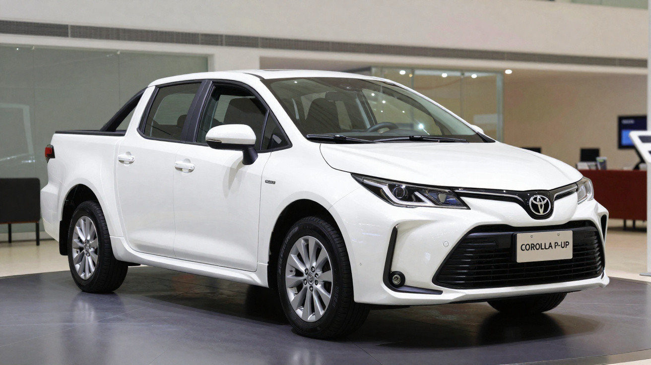 Picape Toyota Corolla PUP branca exibida em showroom com detalhes modernos e design robusto.